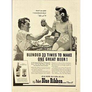 Pabst Blue Ribbon Beer "Blended 33 Times to make One Great Beer" Print Ad 1940